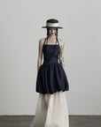 DOINDULGE Denim Halter Dress with Bubble Silhouette and Sheer Pleated Chiffon Hem