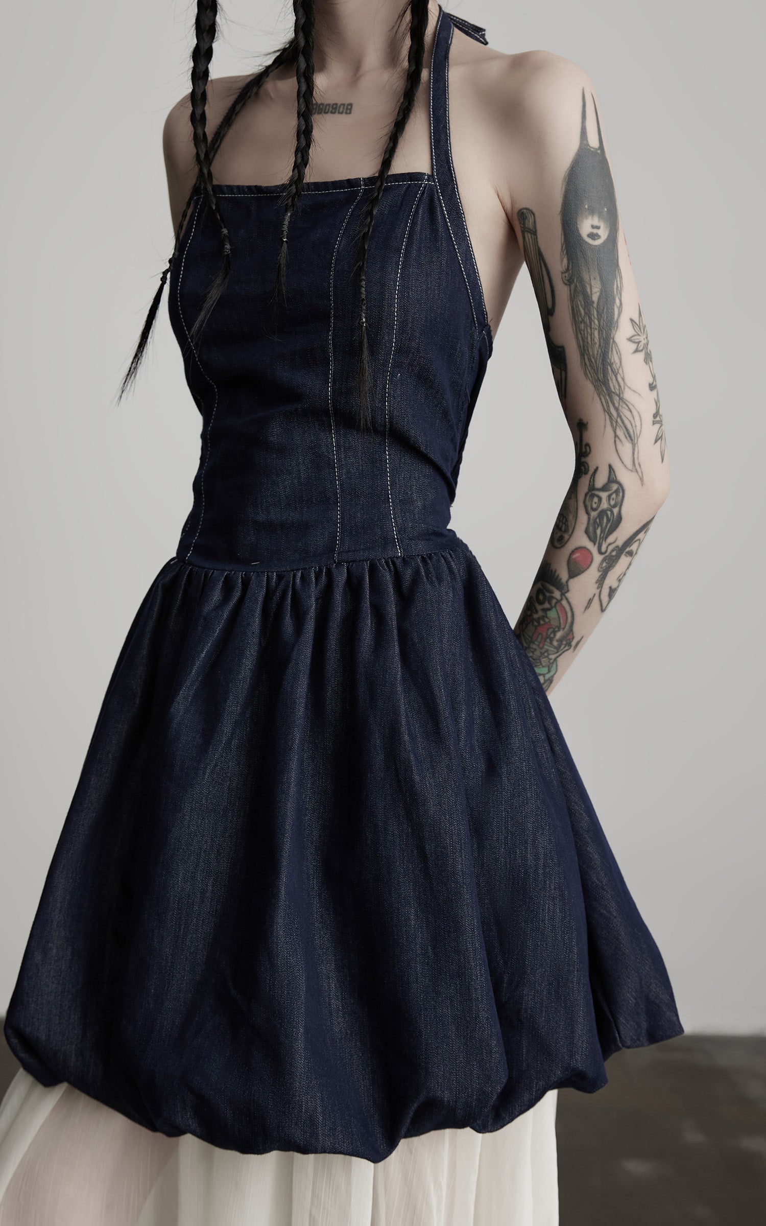DOINDULGE Denim Halter Dress with Bubble Silhouette and Sheer Pleated Chiffon Hem