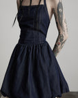 DOINDULGE Denim Halter Dress with Bubble Silhouette and Sheer Pleated Chiffon Hem
