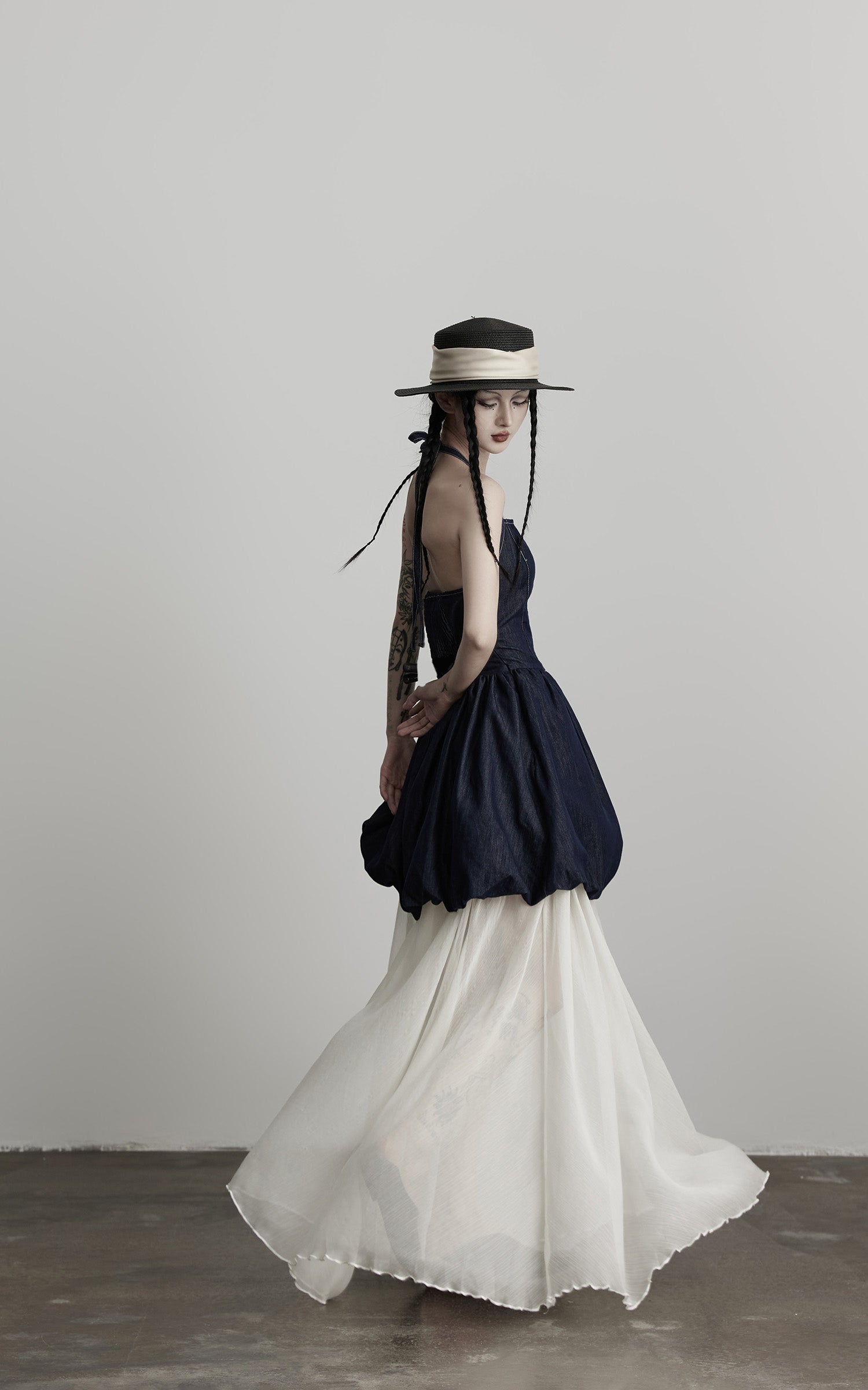 DOINDULGE Denim Halter Dress with Bubble Silhouette and Sheer Pleated Chiffon Hem