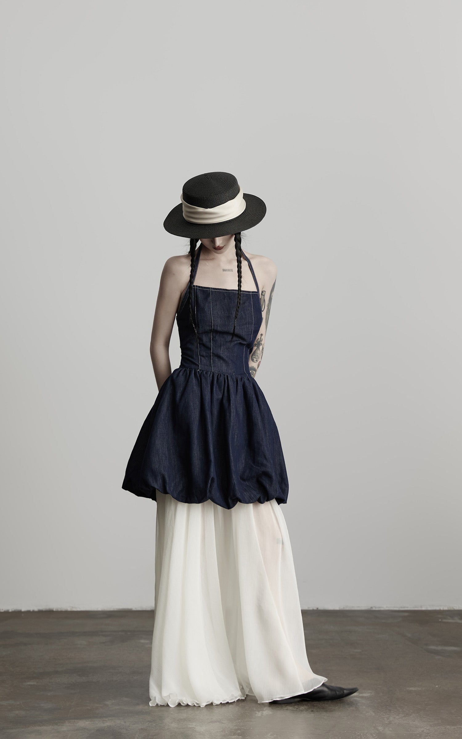 DOINDULGE Denim Halter Dress with Bubble Silhouette and Sheer Pleated Chiffon Hem