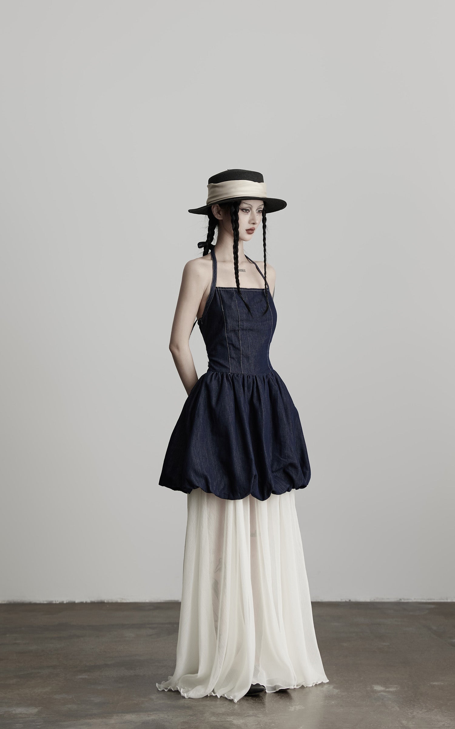 DOINDULGE Denim Halter Dress with Bubble Silhouette and Sheer Pleated Chiffon Hem
