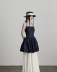 DOINDULGE Denim Halter Dress with Bubble Silhouette and Sheer Pleated Chiffon Hem