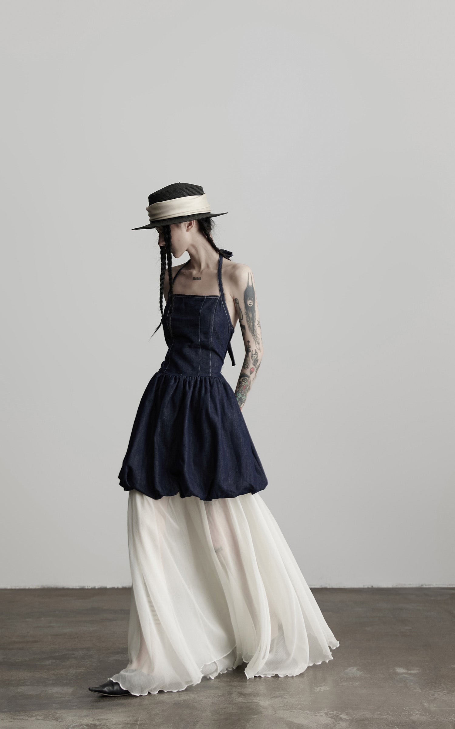 DOINDULGE Denim Halter Dress with Bubble Silhouette and Sheer Pleated Chiffon Hem
