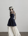 DOINDULGE Denim Halter Dress with Bubble Silhouette and Sheer Pleated Chiffon Hem