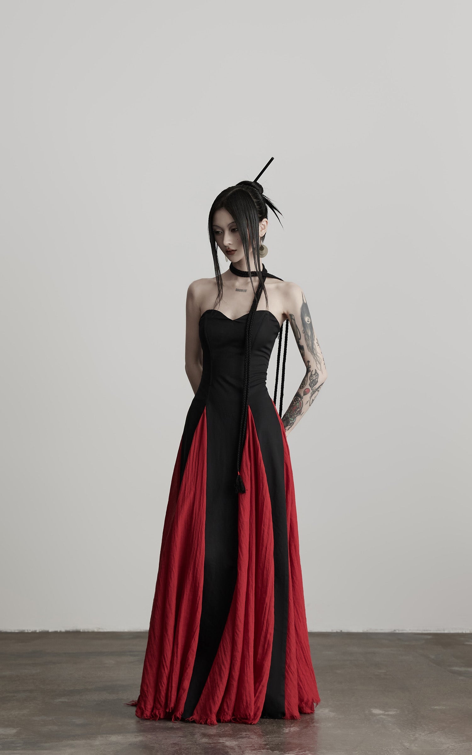 DOINDULGE Braided Strap Crushed Panel Maxi Dress with Lace-Up Back