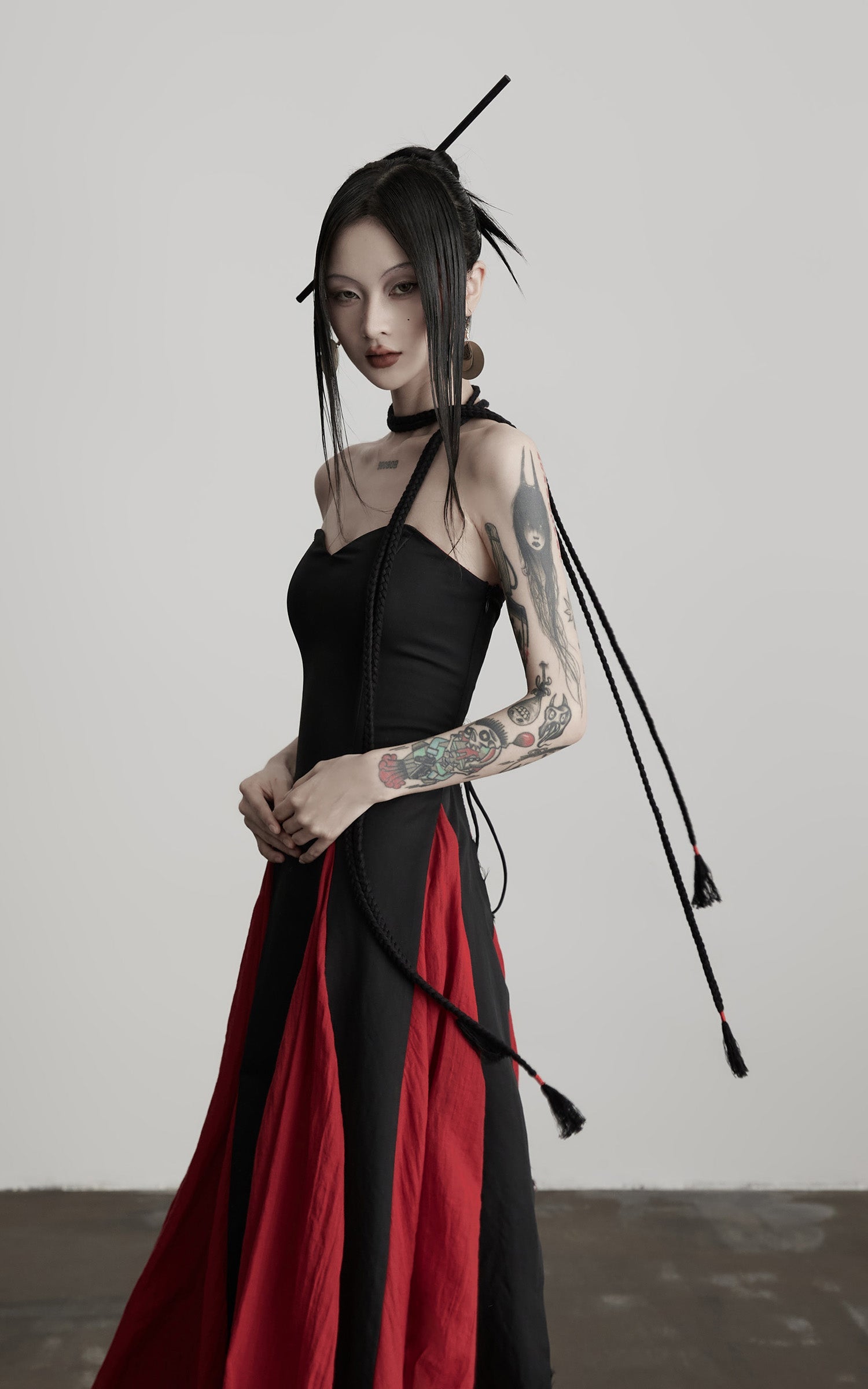 DOINDULGE Braided Strap Crushed Panel Maxi Dress with Lace-Up Back