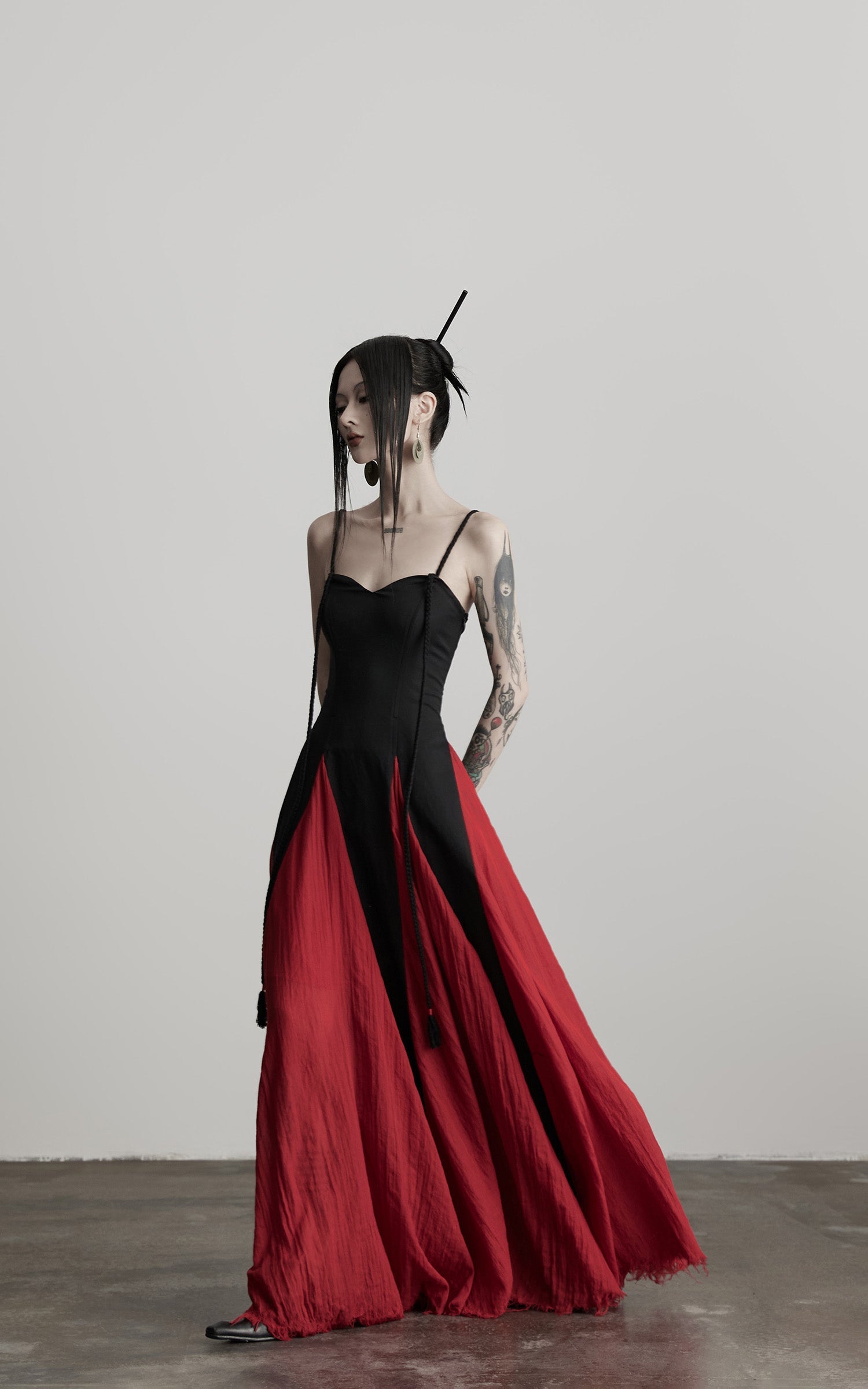 DOINDULGE Braided Strap Crushed Panel Maxi Dress with Lace-Up Back