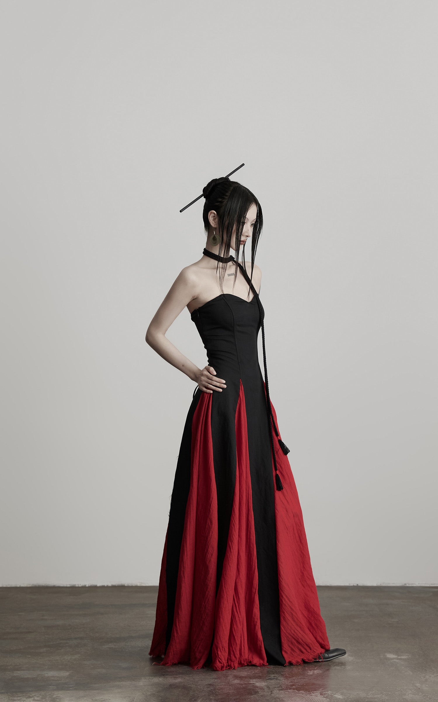 DOINDULGE Braided Strap Crushed Panel Maxi Dress with Lace-Up Back
