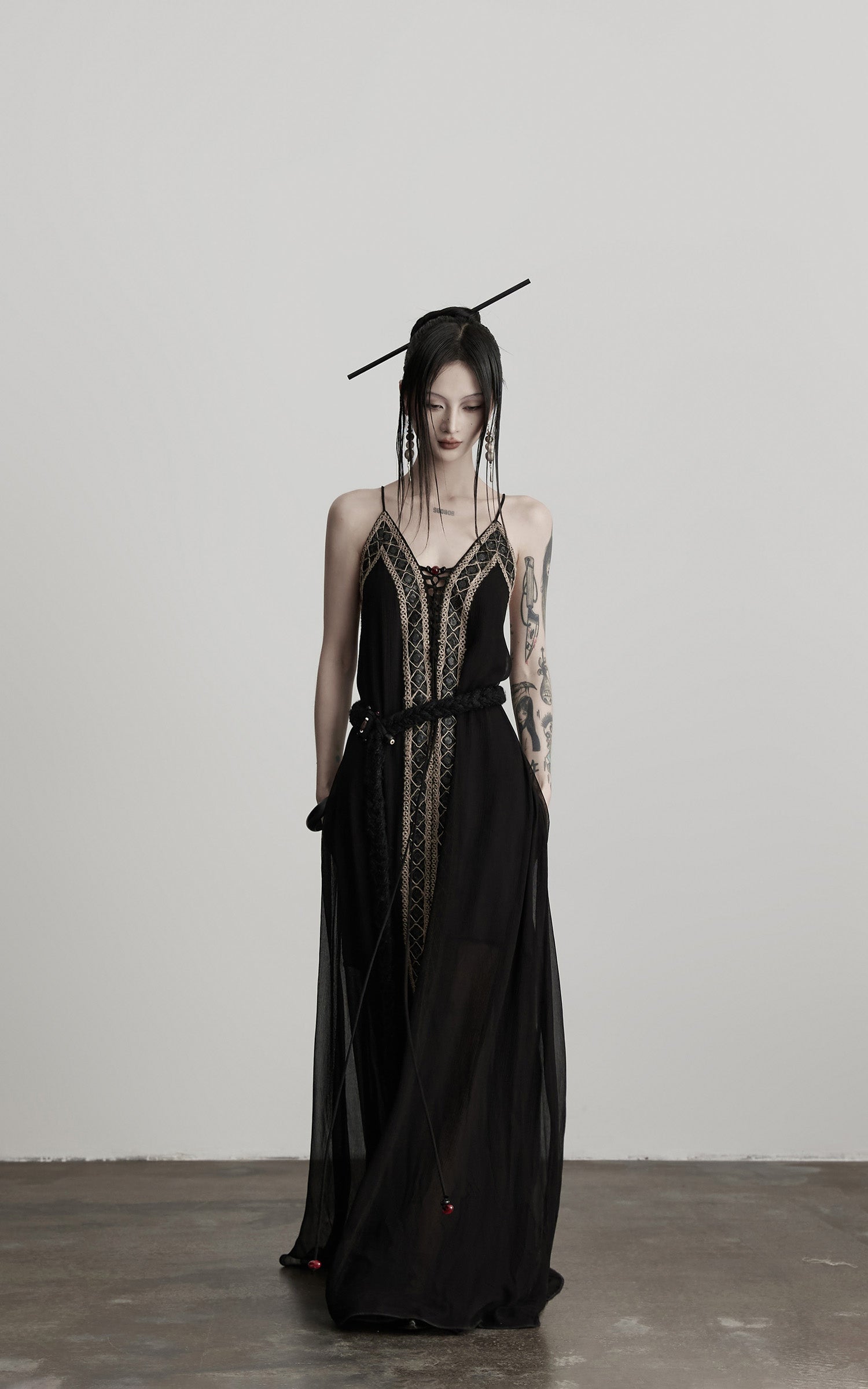 DOINDULGE Black Embroidered Beaded Maxi Dress