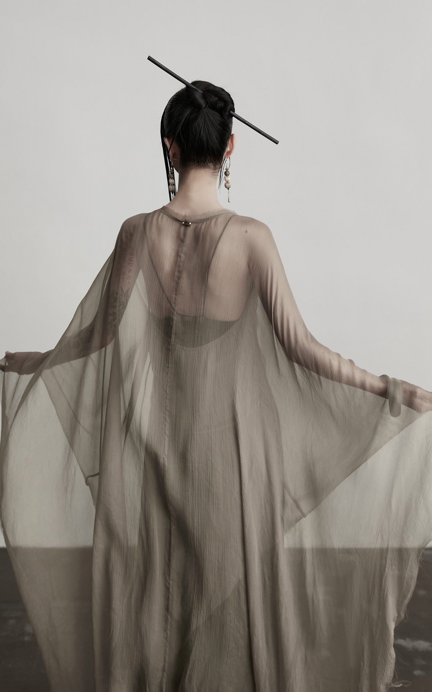 DOINDULGE Sheer Drape Long Cardigan with Bead Tie Detail