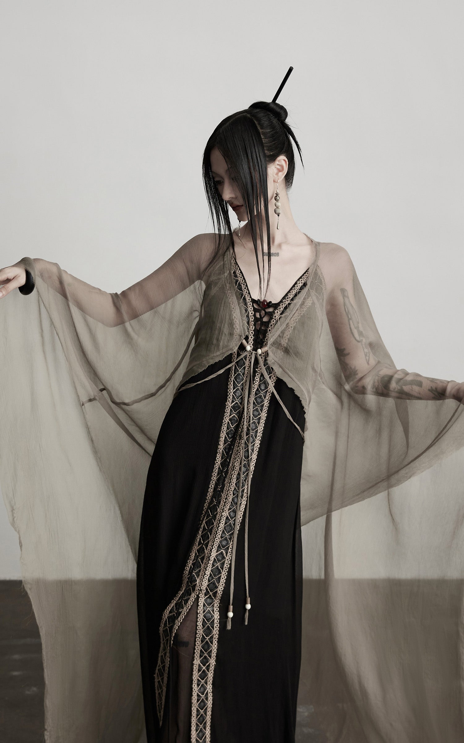 DOINDULGE Sheer Drape Long Cardigan with Bead Tie Detail