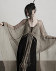 DOINDULGE Sheer Drape Long Cardigan with Bead Tie Detail