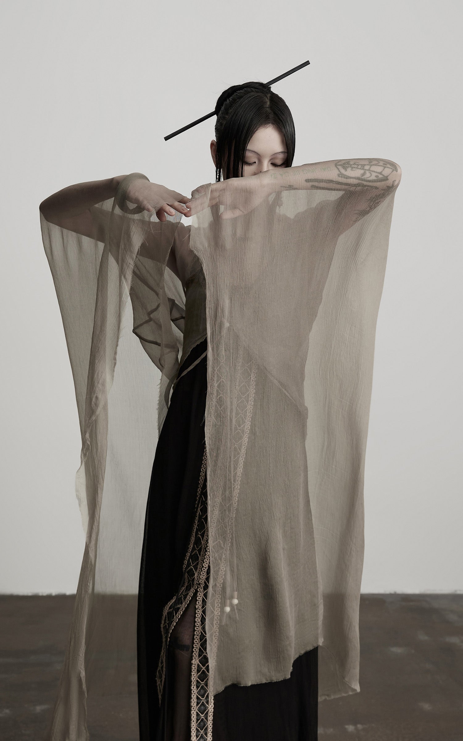 DOINDULGE Sheer Drape Long Cardigan with Bead Tie Detail