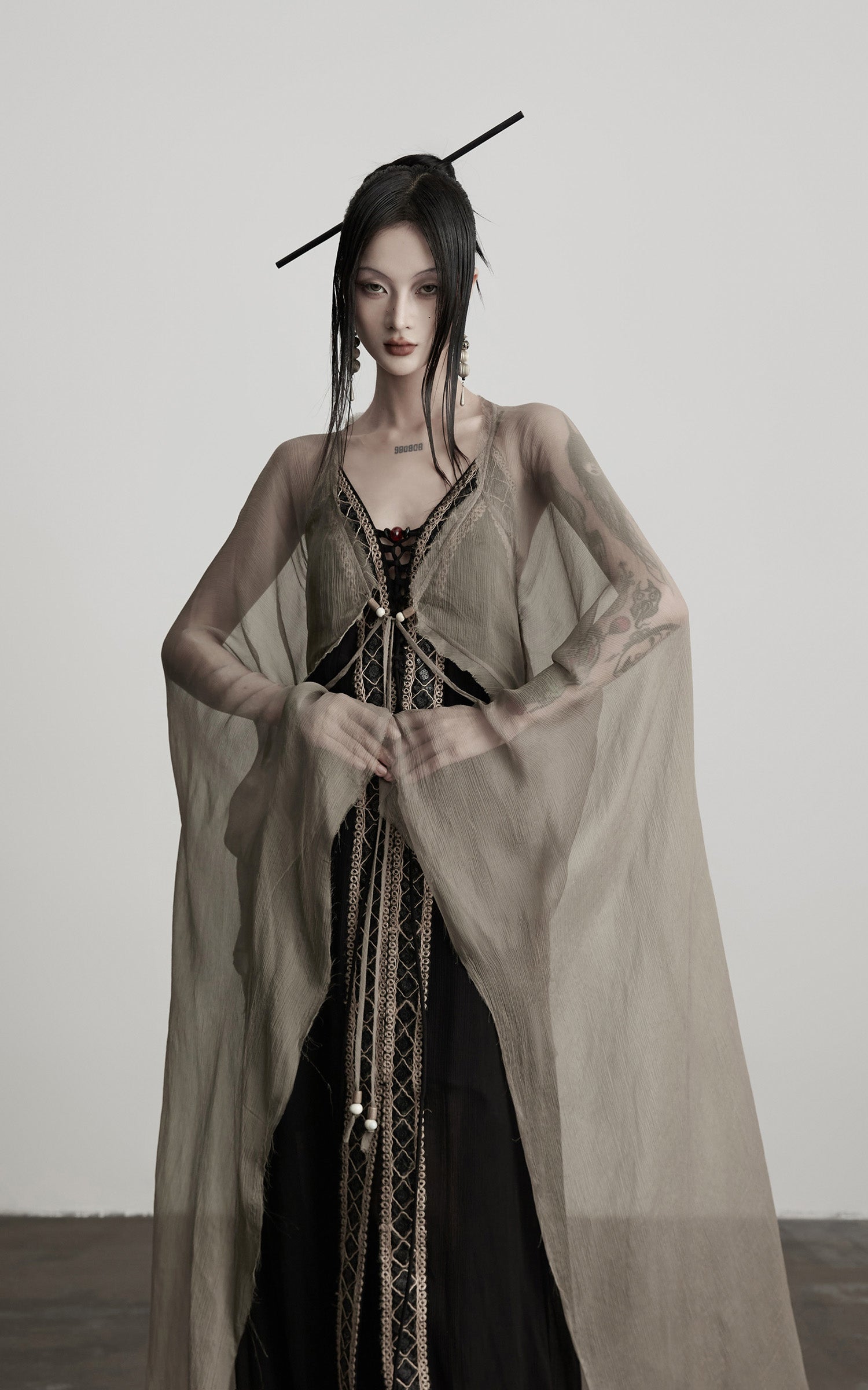 DOINDULGE Sheer Drape Long Cardigan with Bead Tie Detail