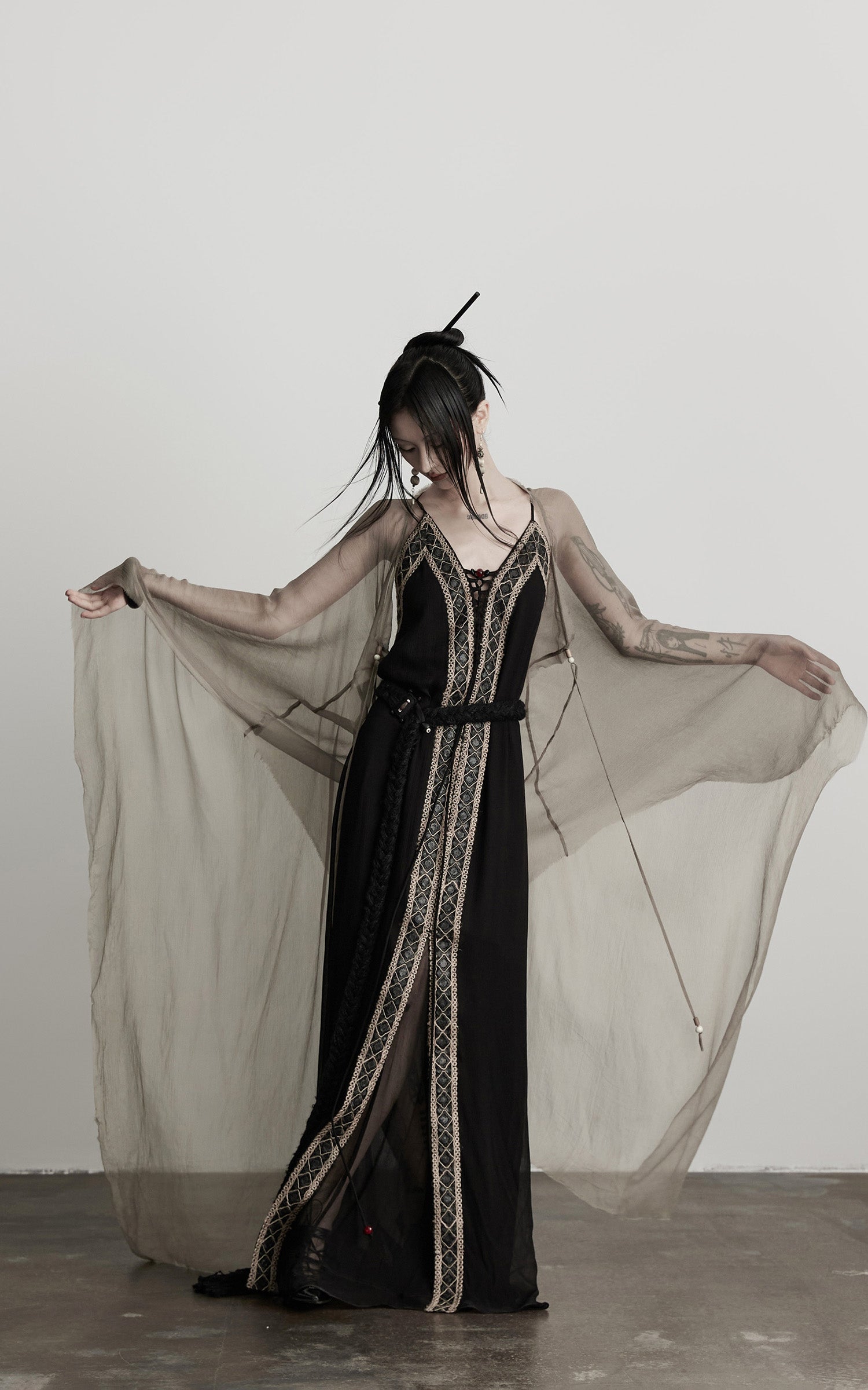 DOINDULGE Sheer Drape Long Cardigan with Bead Tie Detail