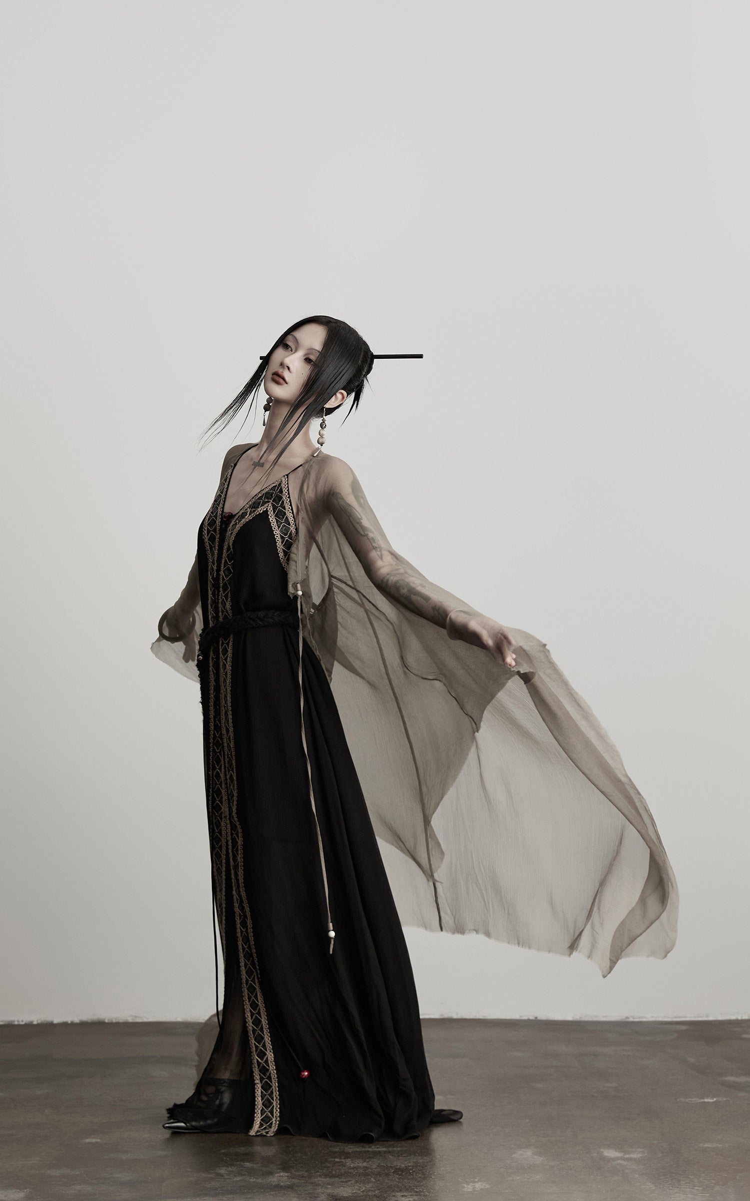 DOINDULGE Sheer Drape Long Cardigan with Bead Tie Detail