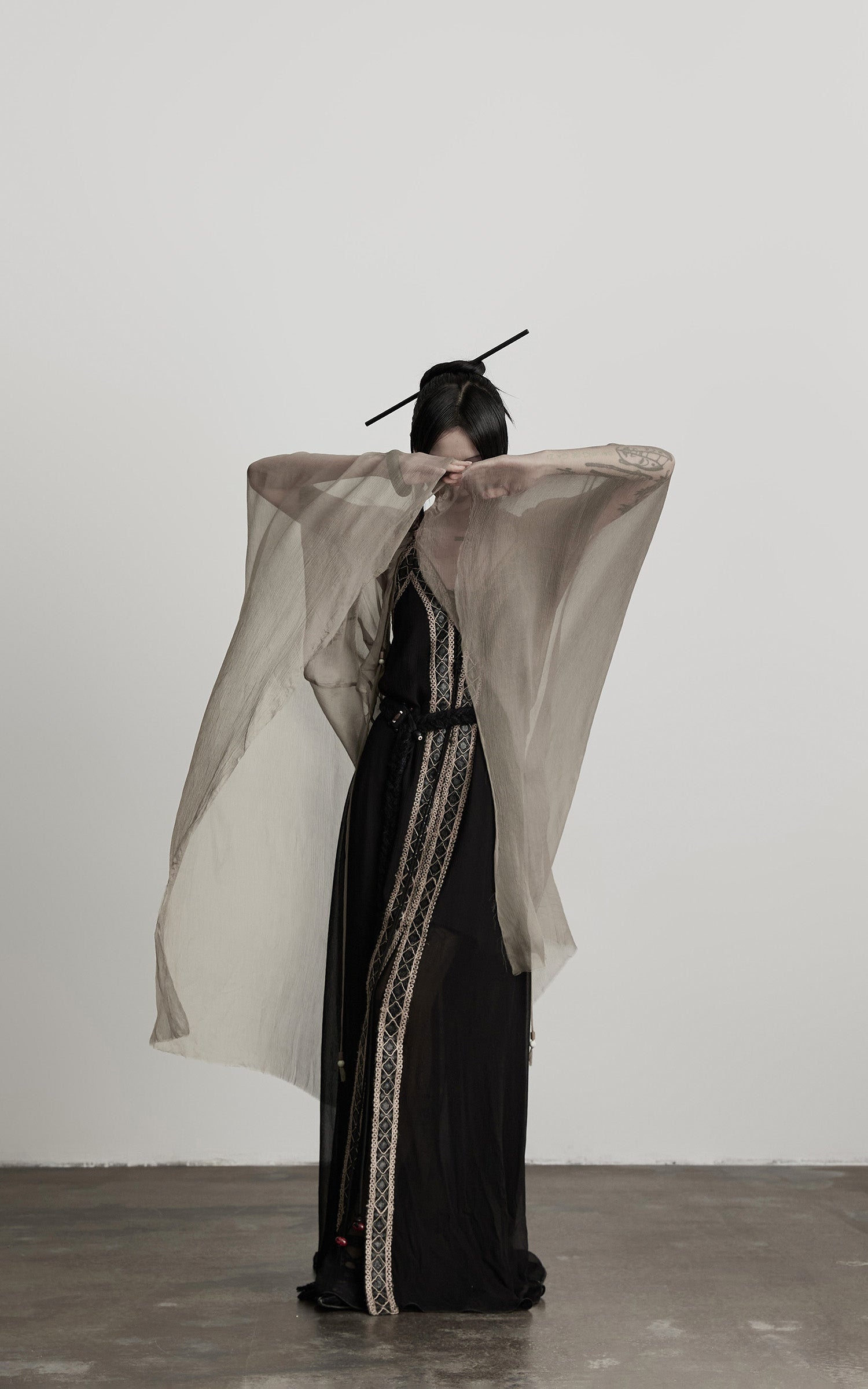 DOINDULGE Sheer Drape Long Cardigan with Bead Tie Detail