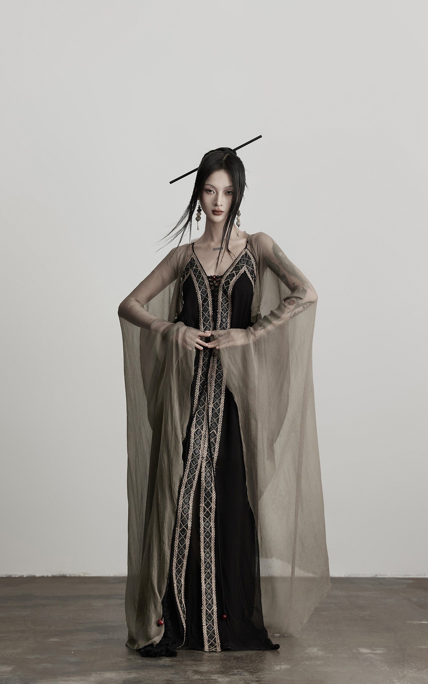 DOINDULGE Sheer Drape Long Cardigan with Bead Tie Detail