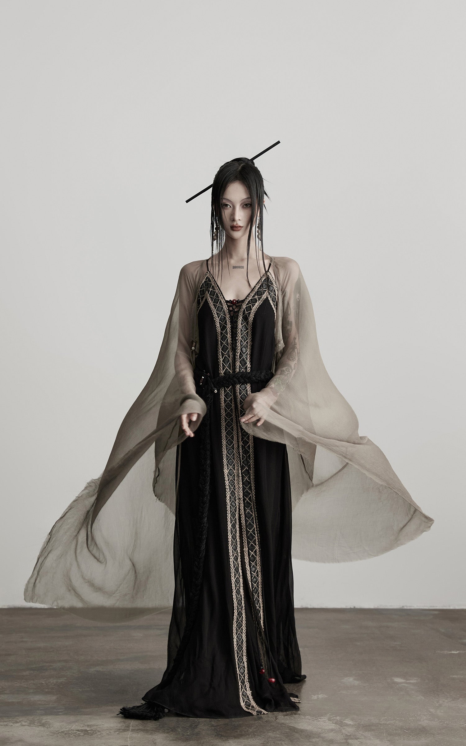 DOINDULGE Sheer Drape Long Cardigan with Bead Tie Detail