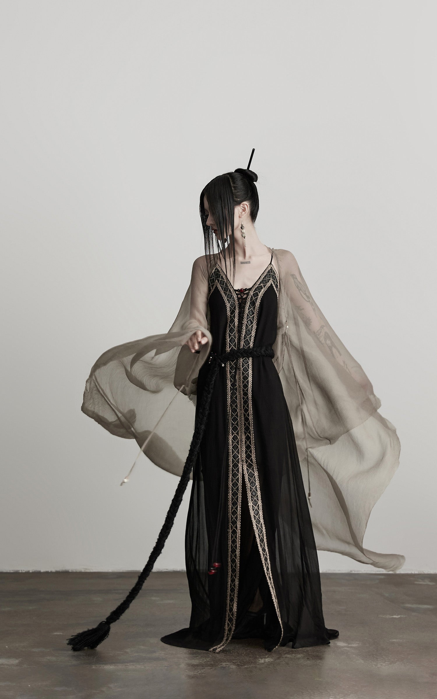 DOINDULGE Sheer Drape Long Cardigan with Bead Tie Detail