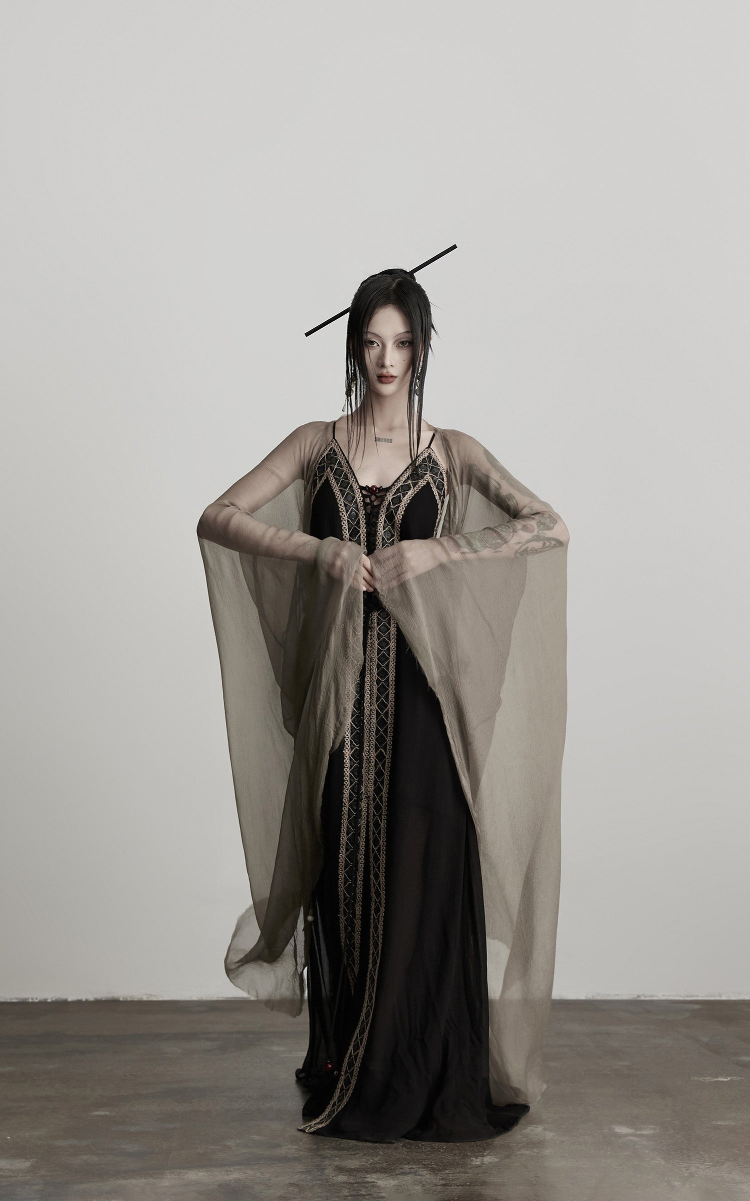 DOINDULGE Sheer Drape Long Cardigan with Bead Tie Detail