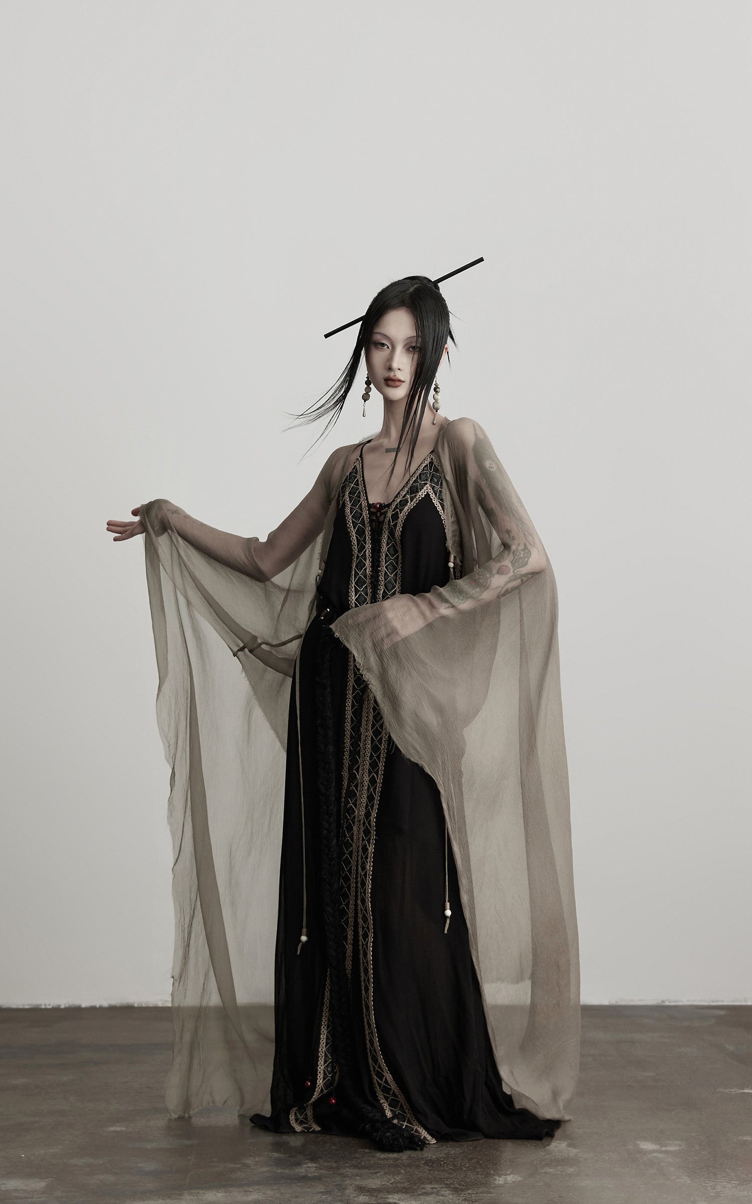 DOINDULGE Sheer Drape Long Cardigan with Bead Tie Detail