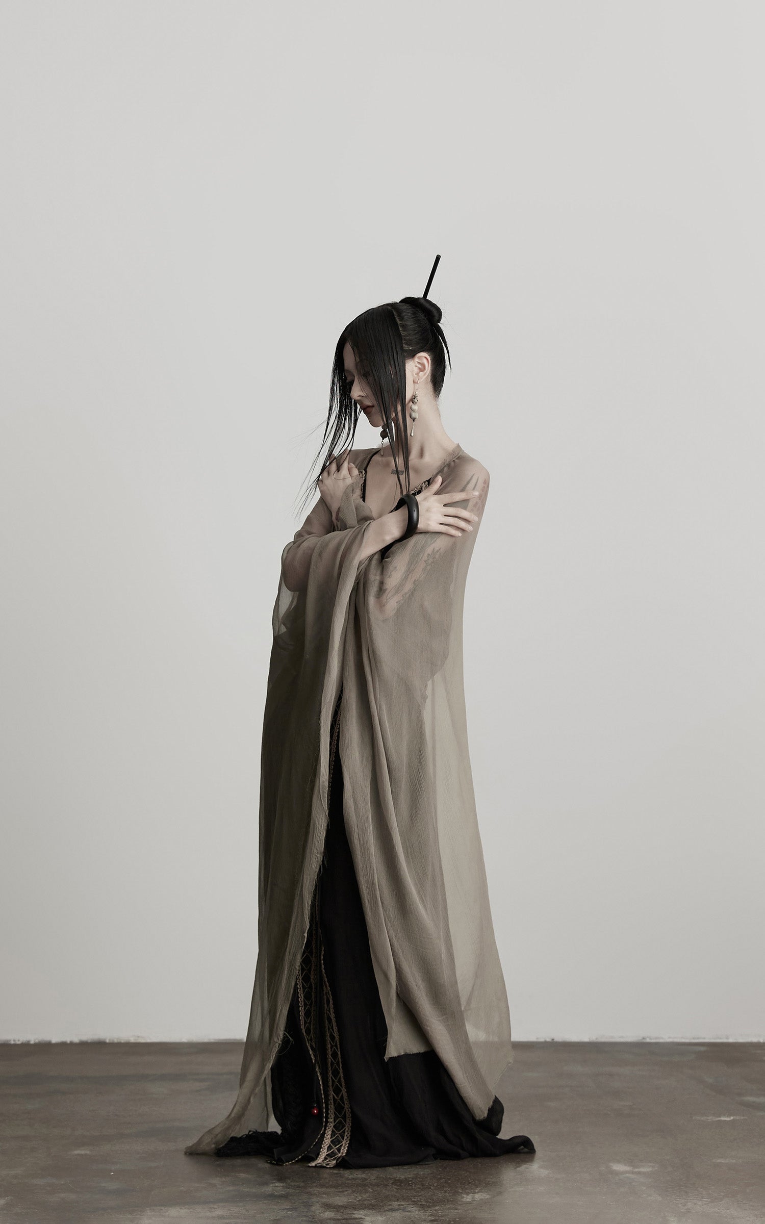 DOINDULGE Sheer Drape Long Cardigan with Bead Tie Detail
