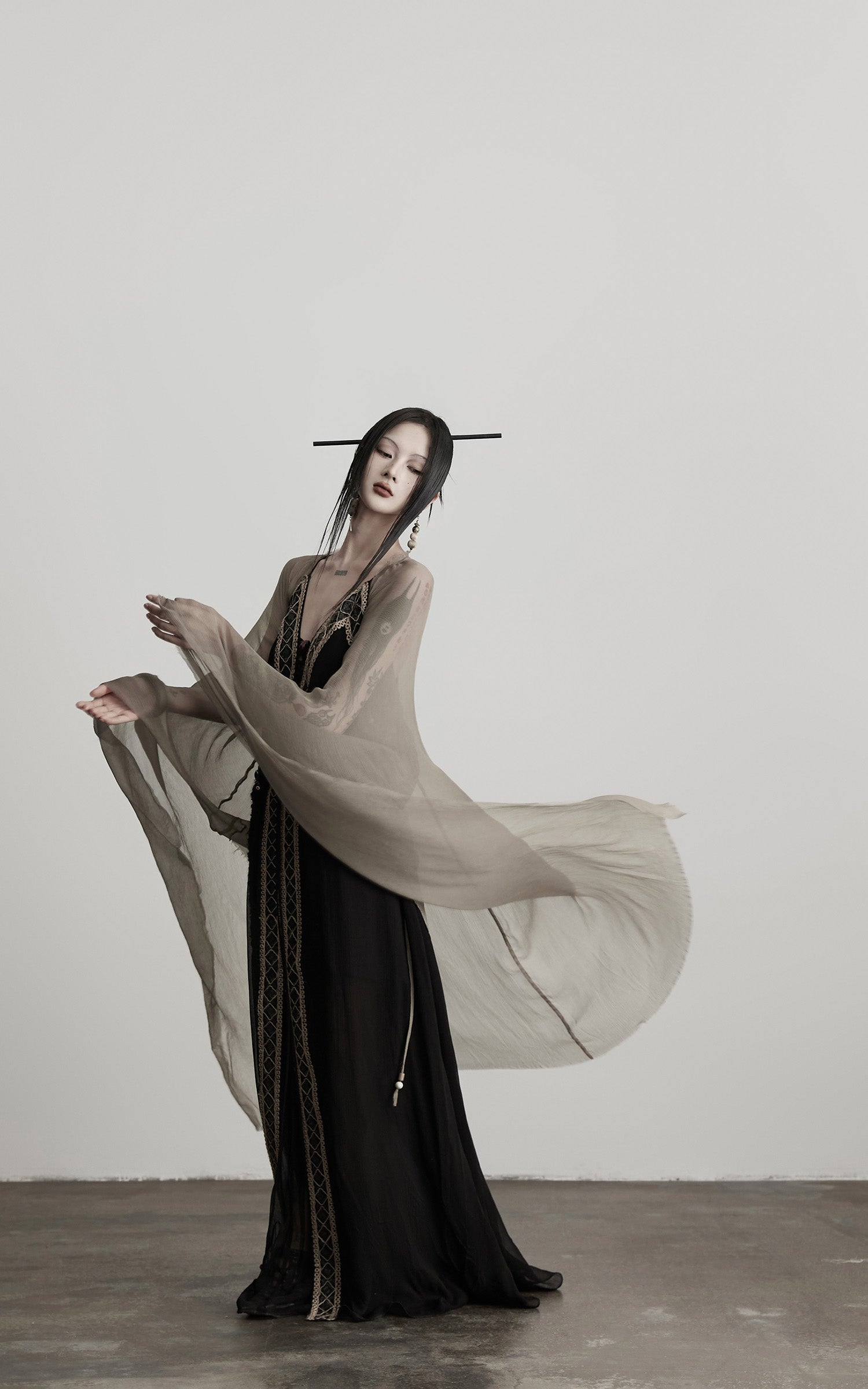 DOINDULGE Sheer Drape Long Cardigan with Bead Tie Detail
