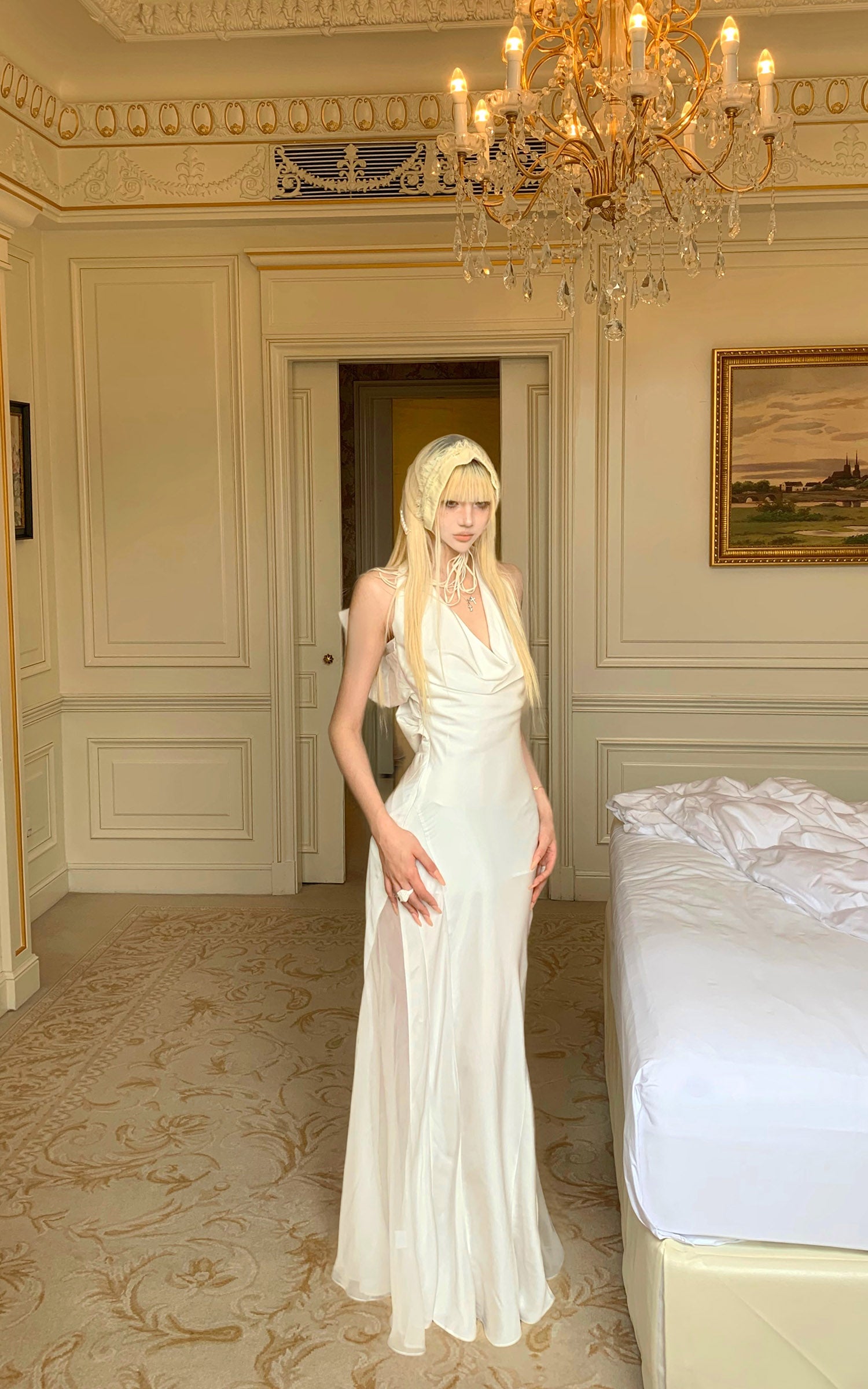 Rase le sol Draped Halter Backless Gown with Oversized Bow - PINKPARKS