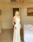 Rase le sol Draped Halter Backless Gown with Oversized Bow - PINKPARKS