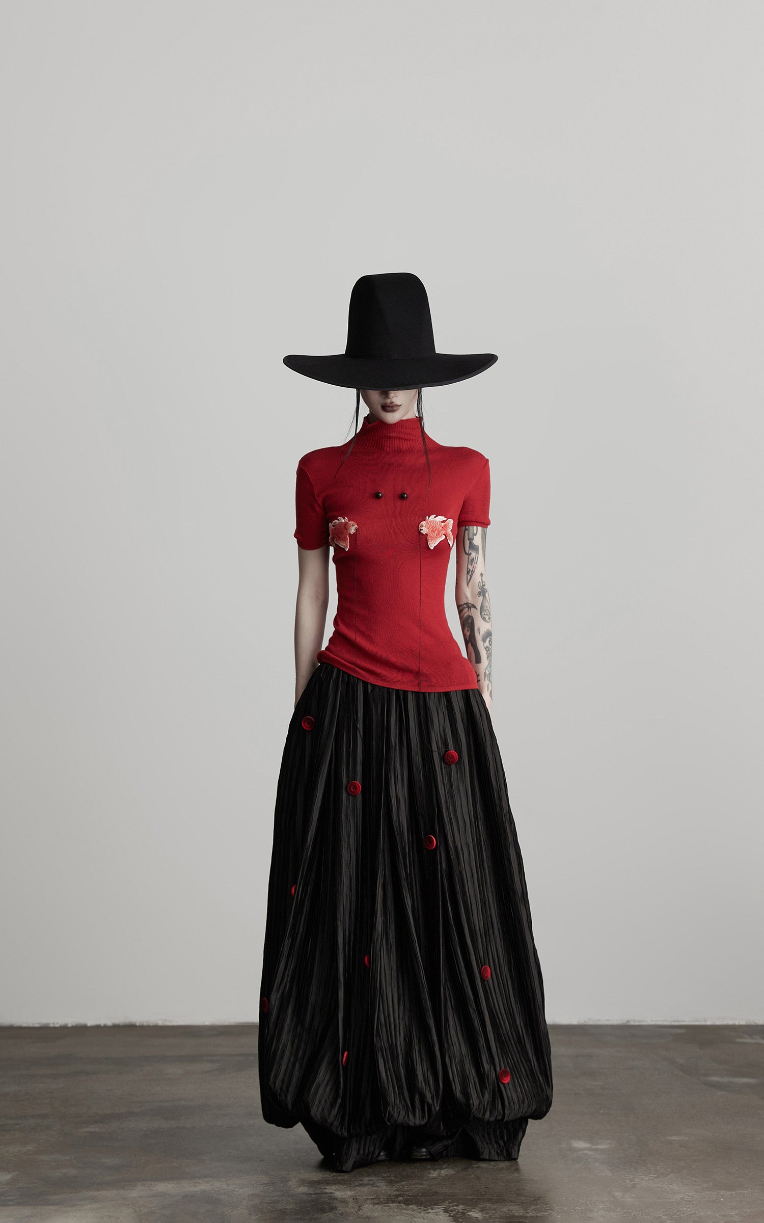 DOINDULGE Black Pleated Skirt Red Button Accents