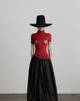 DOINDULGE Black Pleated Skirt Red Button Accents