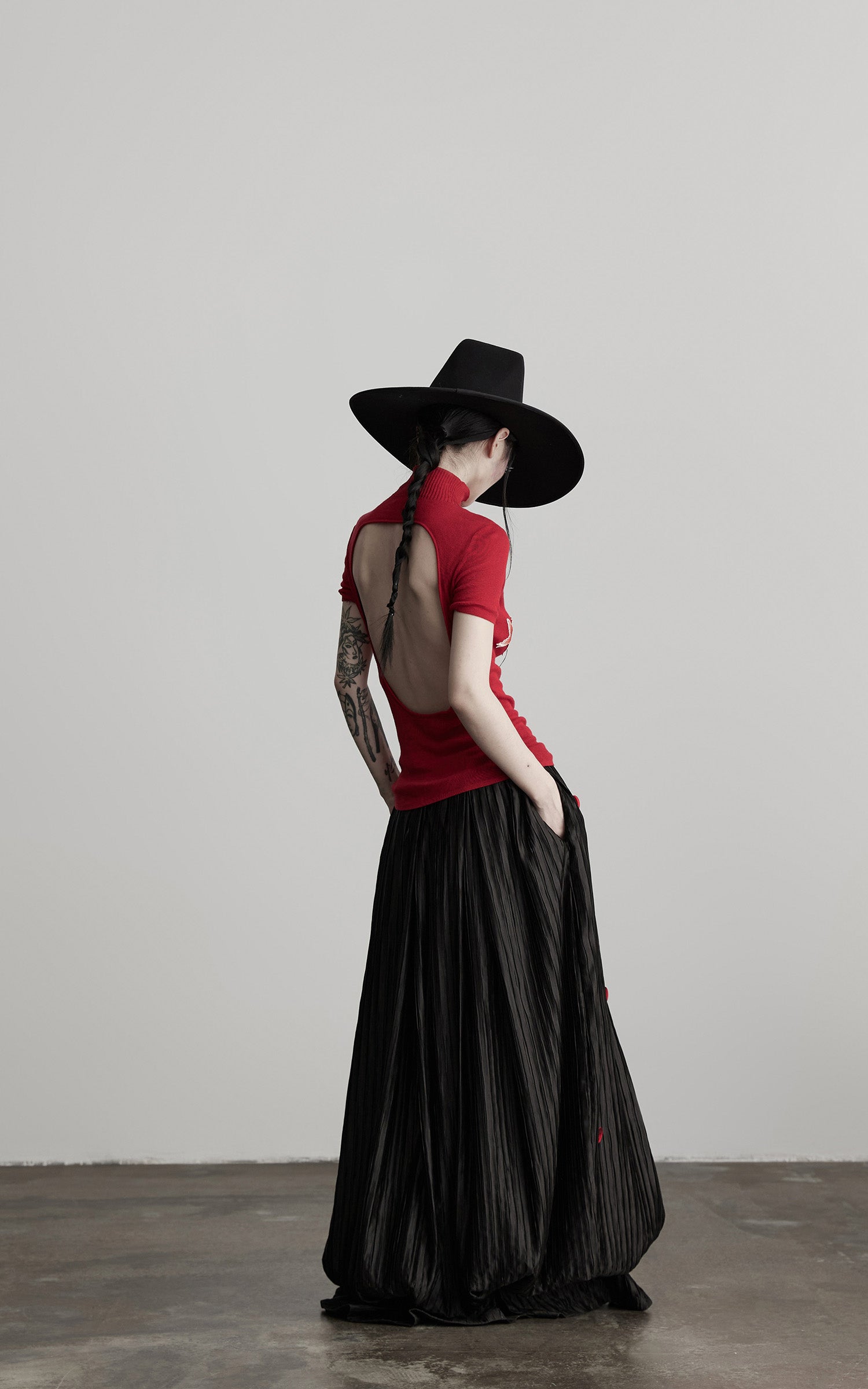 DOINDULGE Black Pleated Skirt Red Button Accents