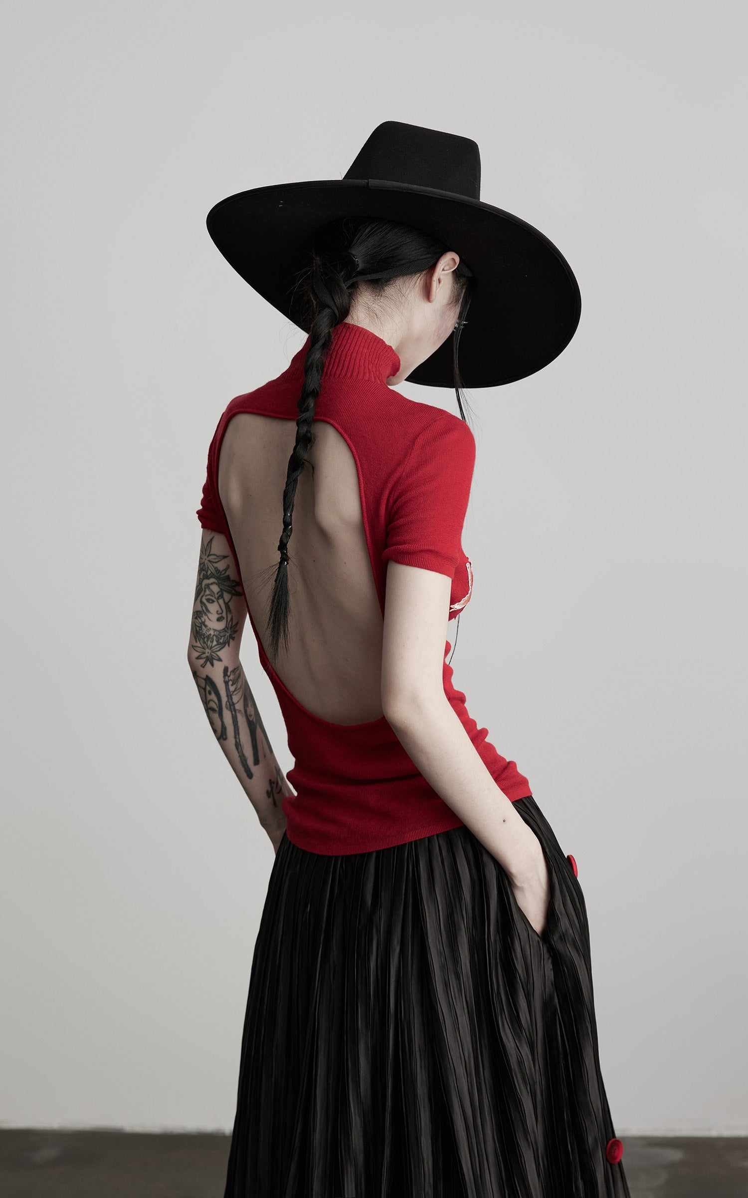 DOINDULGE Black Pleated Skirt Red Button Accents