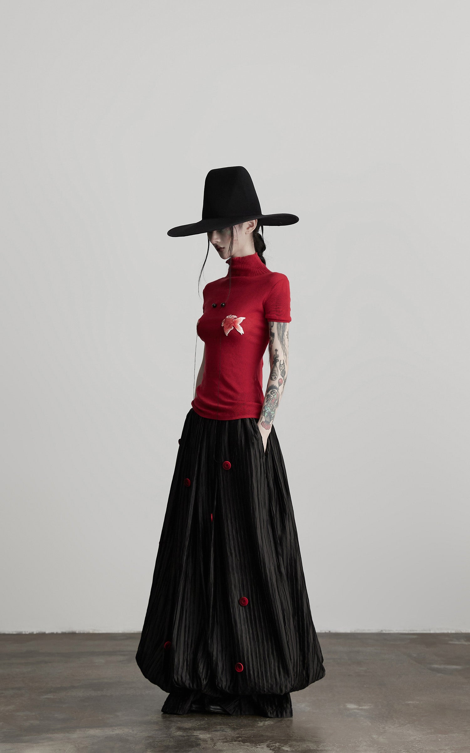 DOINDULGE Black Pleated Skirt Red Button Accents