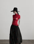 DOINDULGE Black Pleated Skirt Red Button Accents