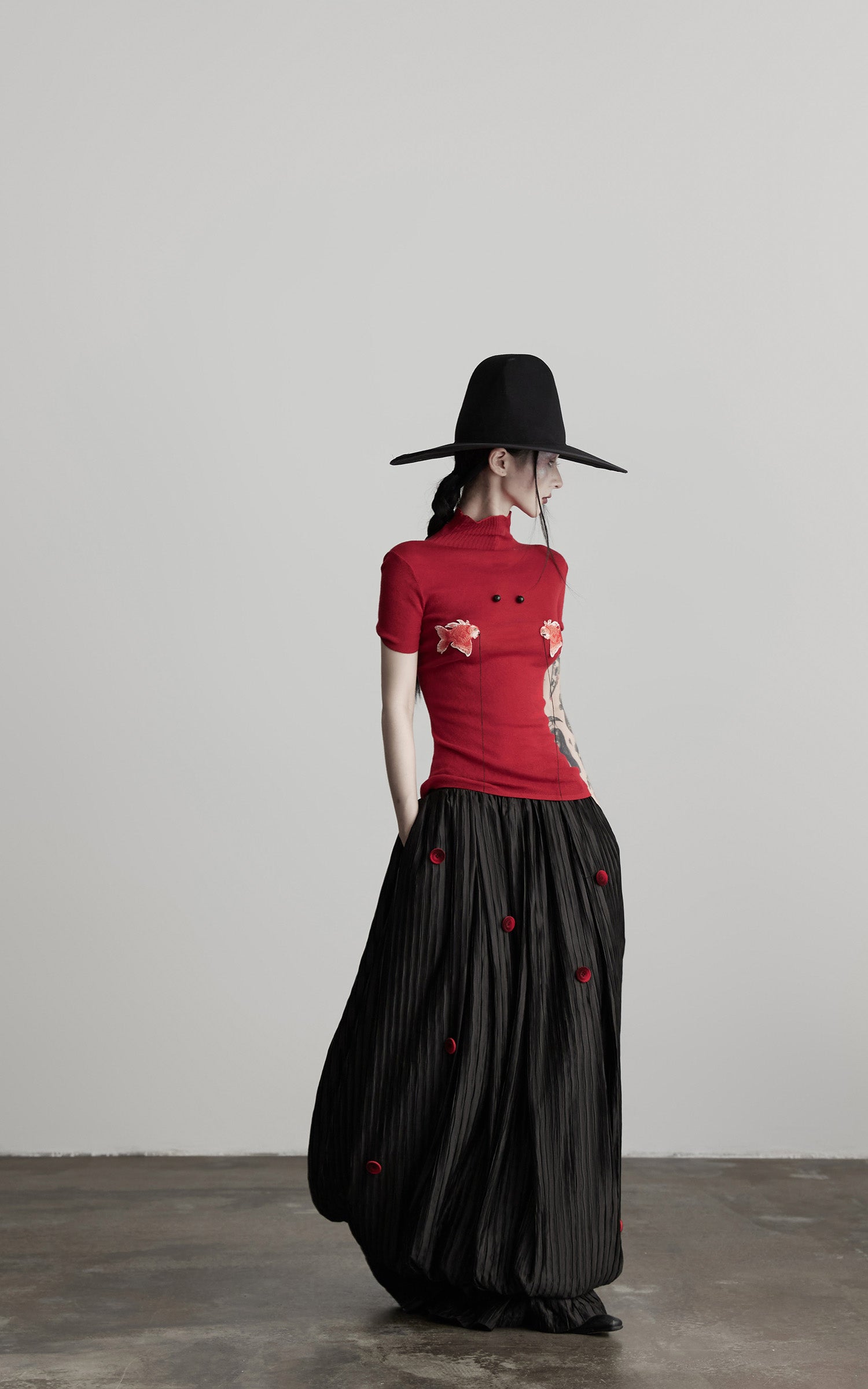 DOINDULGE Black Pleated Skirt Red Button Accents