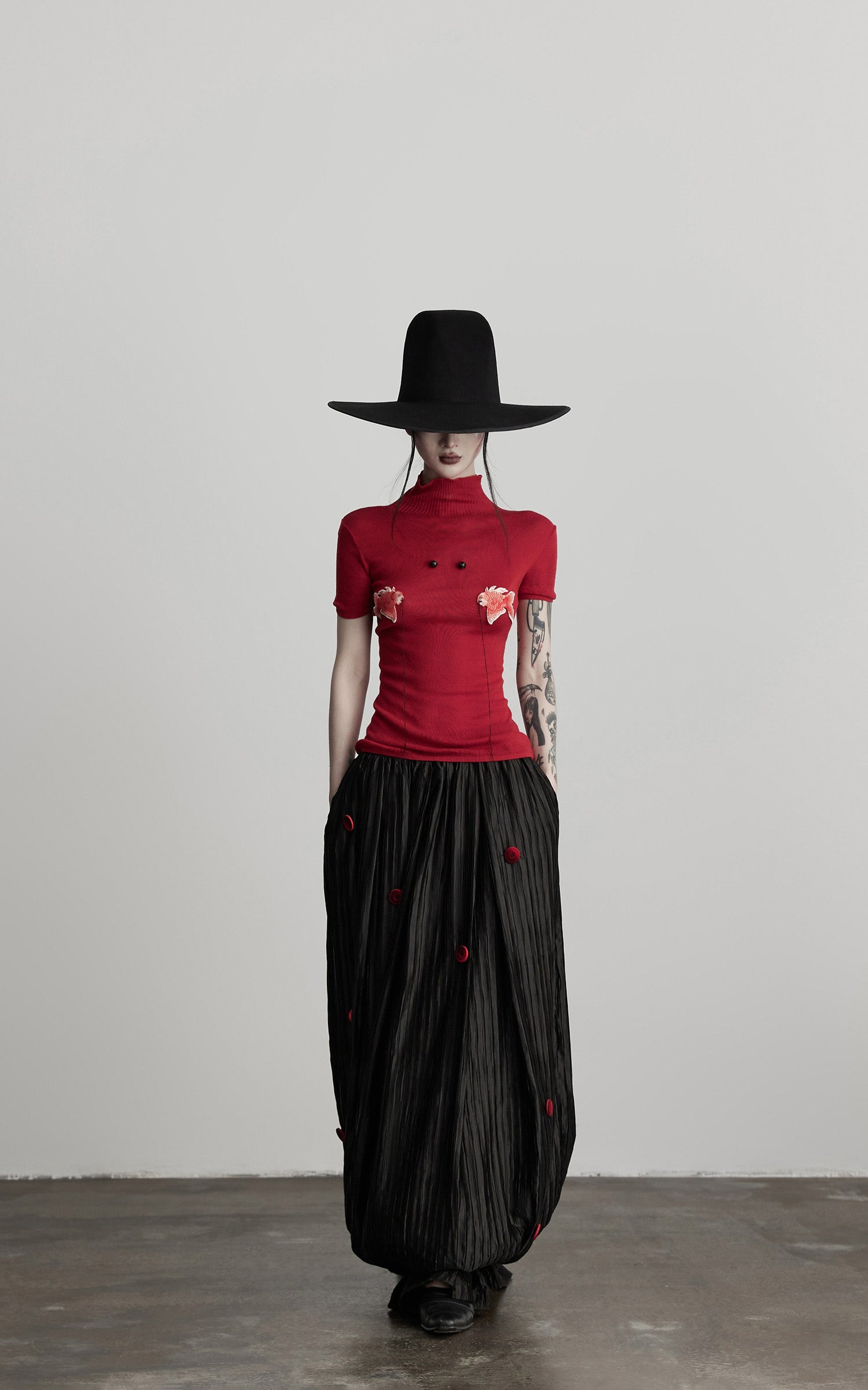 DOINDULGE Black Pleated Skirt Red Button Accents
