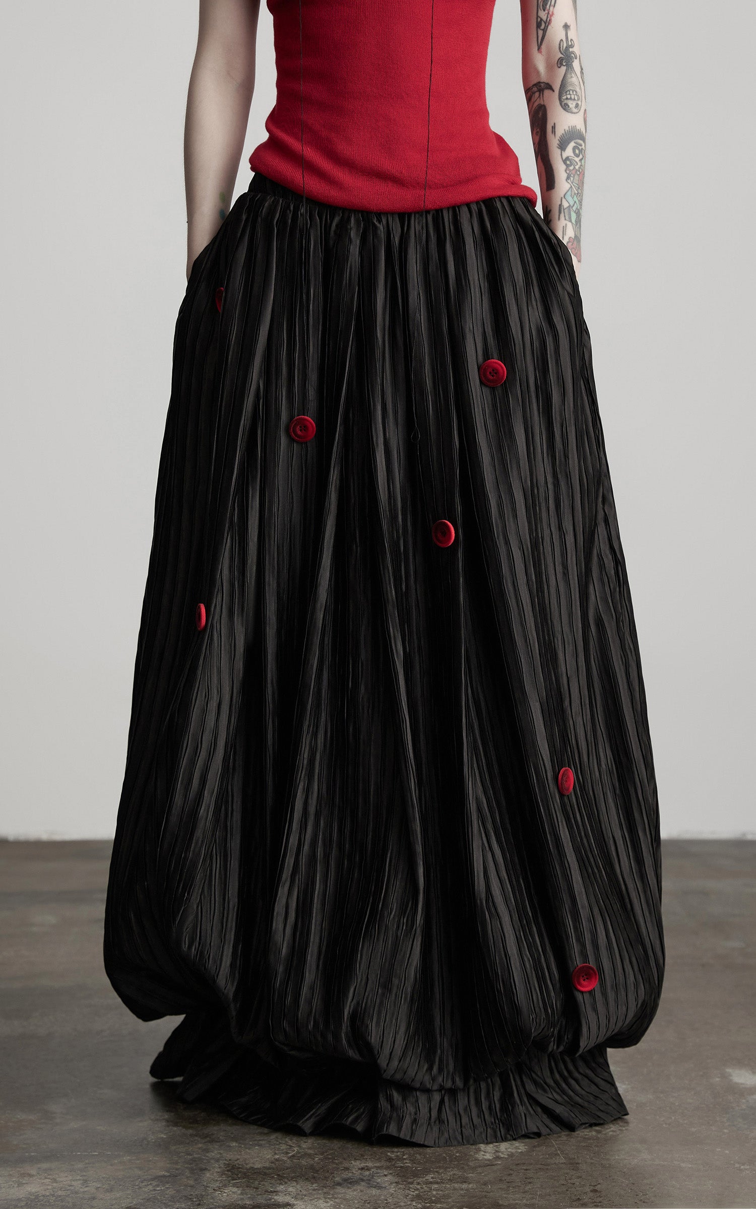 DOINDULGE Black Pleated Skirt Red Button Accents