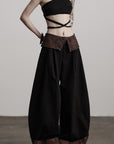 DOINDULGE Wide-Legged High-Waisted Pants with Leaf-Pattern Detail