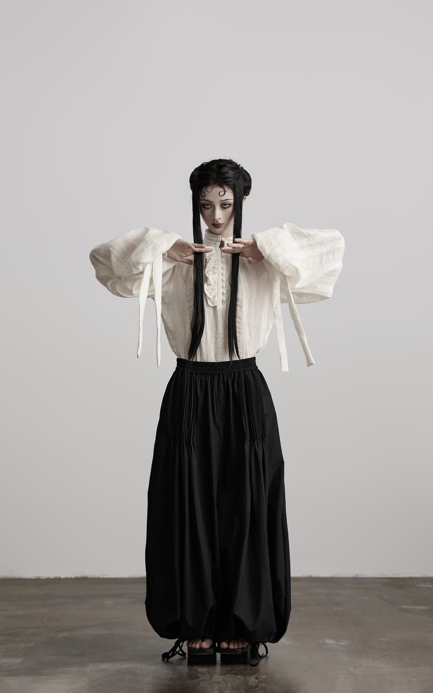 DOINDULGE Textured Button Shirt with Ruffled Front and Long Sashes