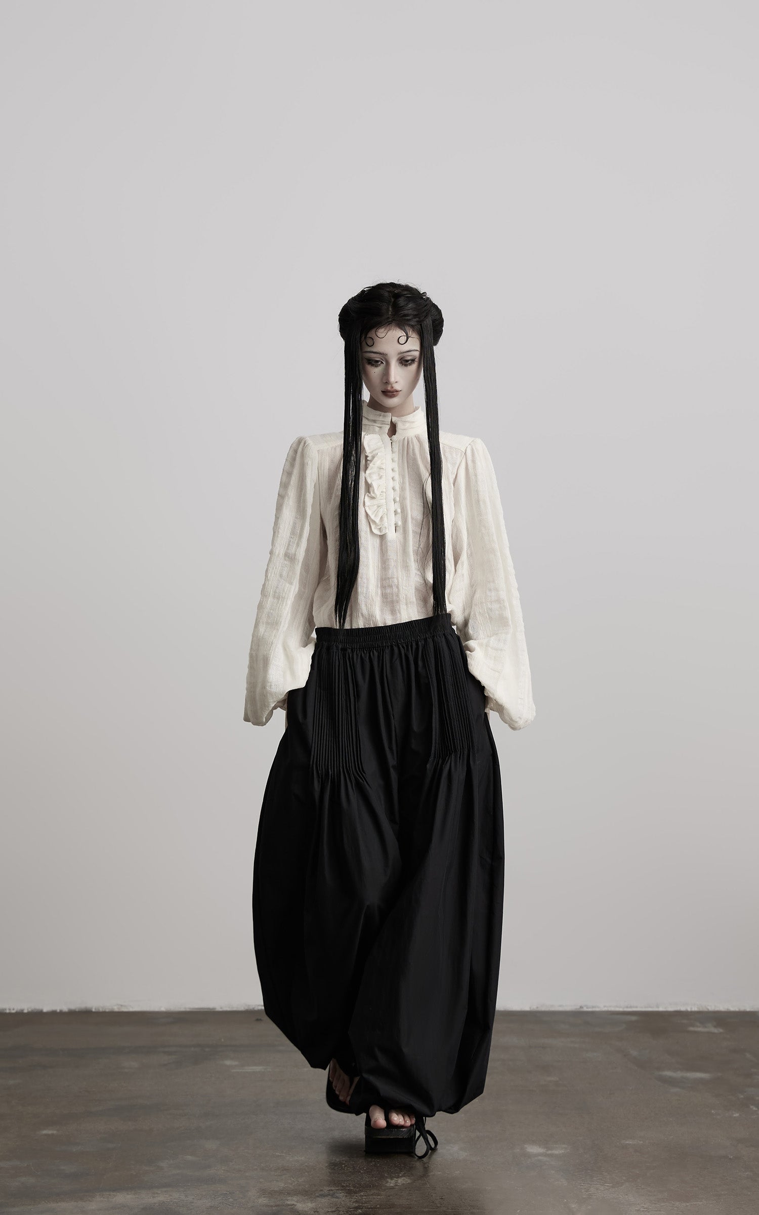 DOINDULGE Textured Button Shirt with Ruffled Front and Long Sashes