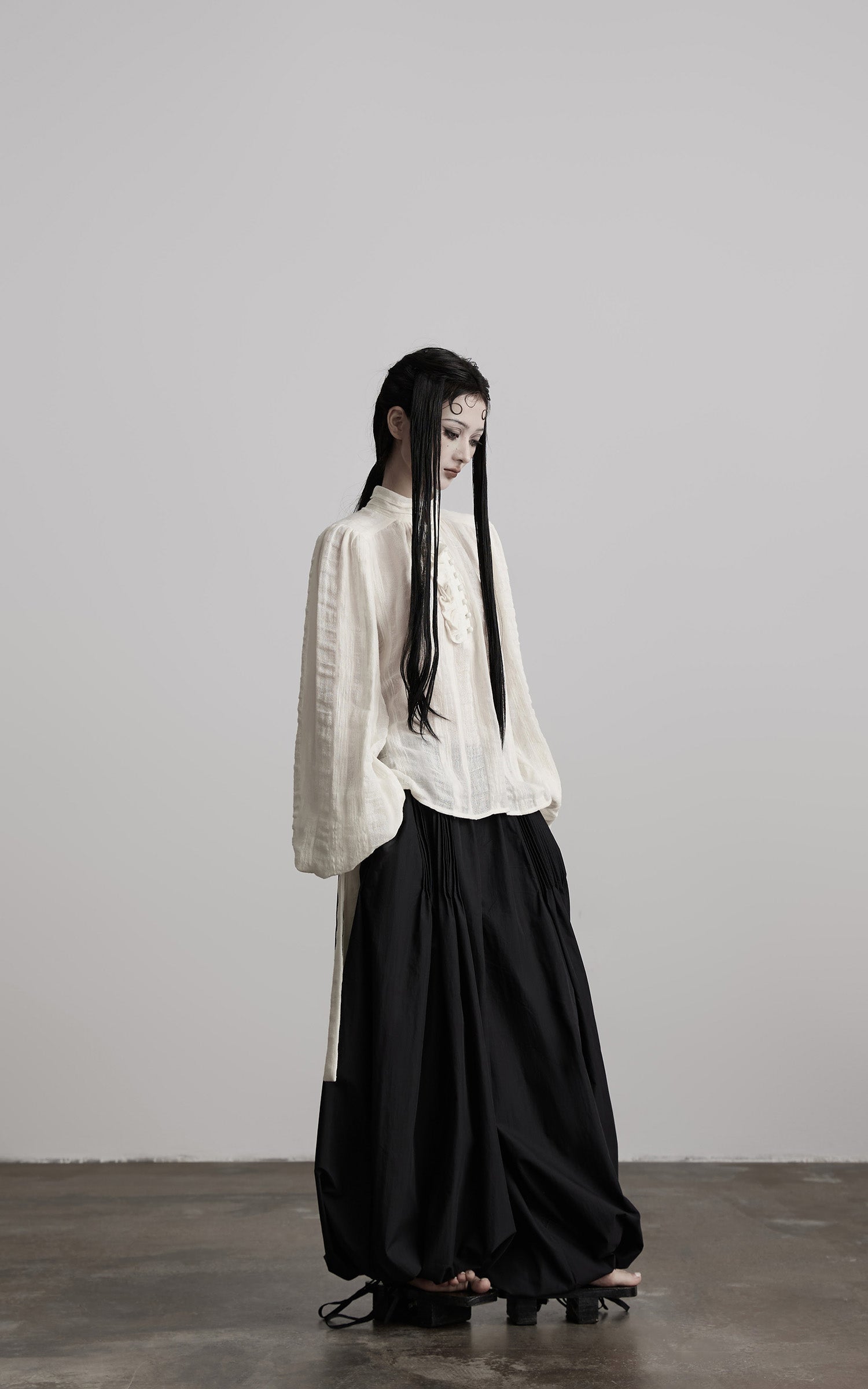 DOINDULGE Textured Button Shirt with Ruffled Front and Long Sashes