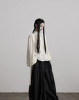 DOINDULGE Textured Button Shirt with Ruffled Front and Long Sashes