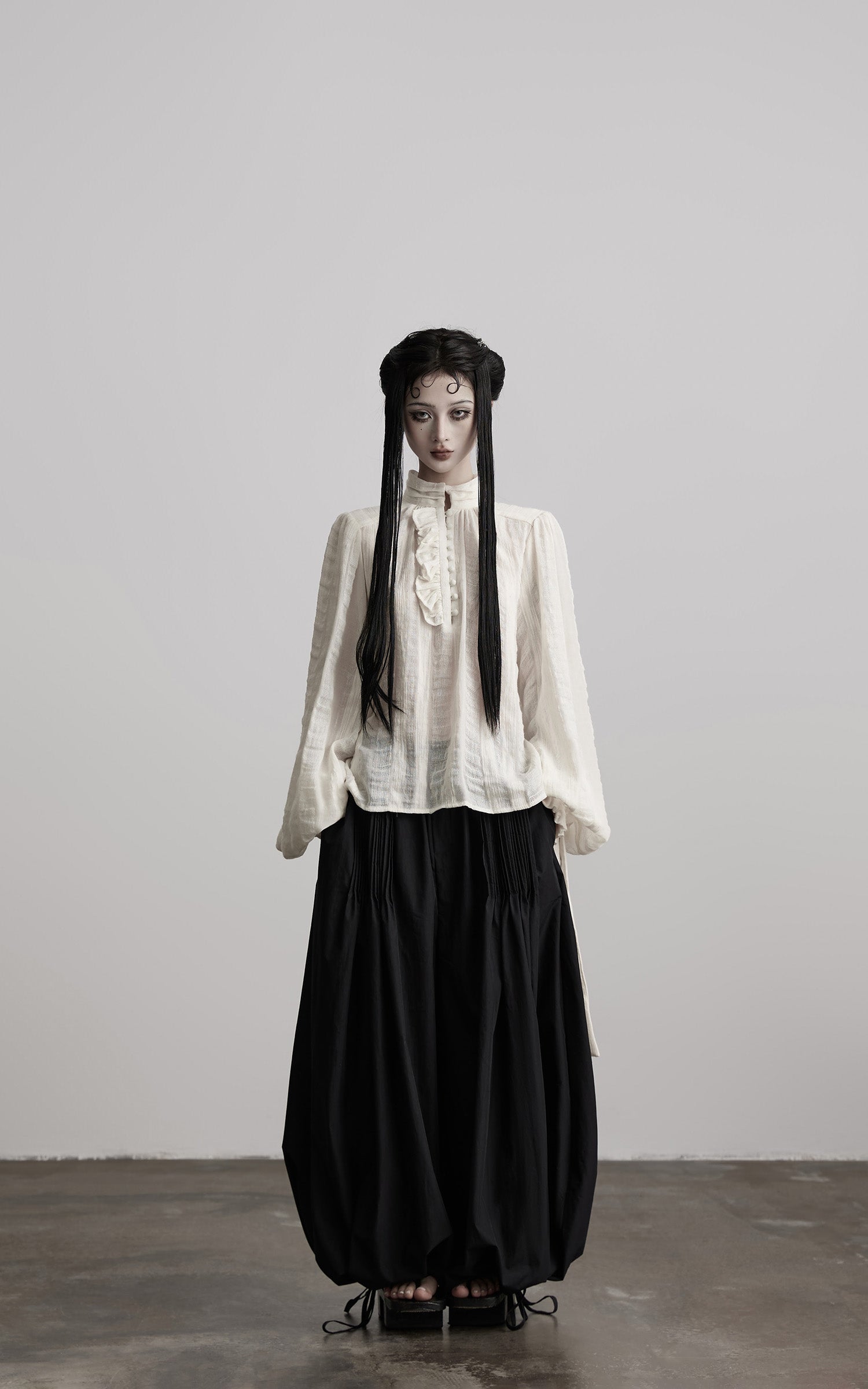 DOINDULGE Textured Button Shirt with Ruffled Front and Long Sashes
