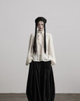 DOINDULGE Textured Button Shirt with Ruffled Front and Long Sashes