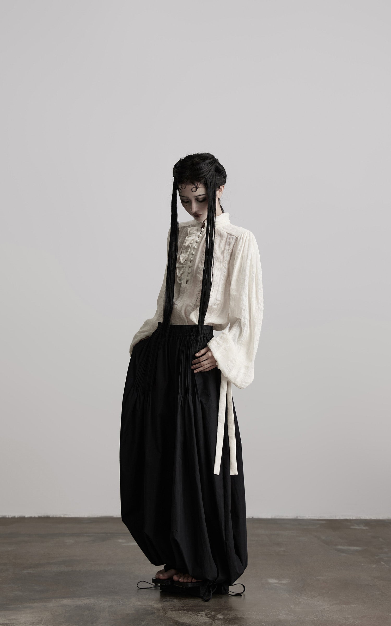 DOINDULGE Textured Button Shirt with Ruffled Front and Long Sashes