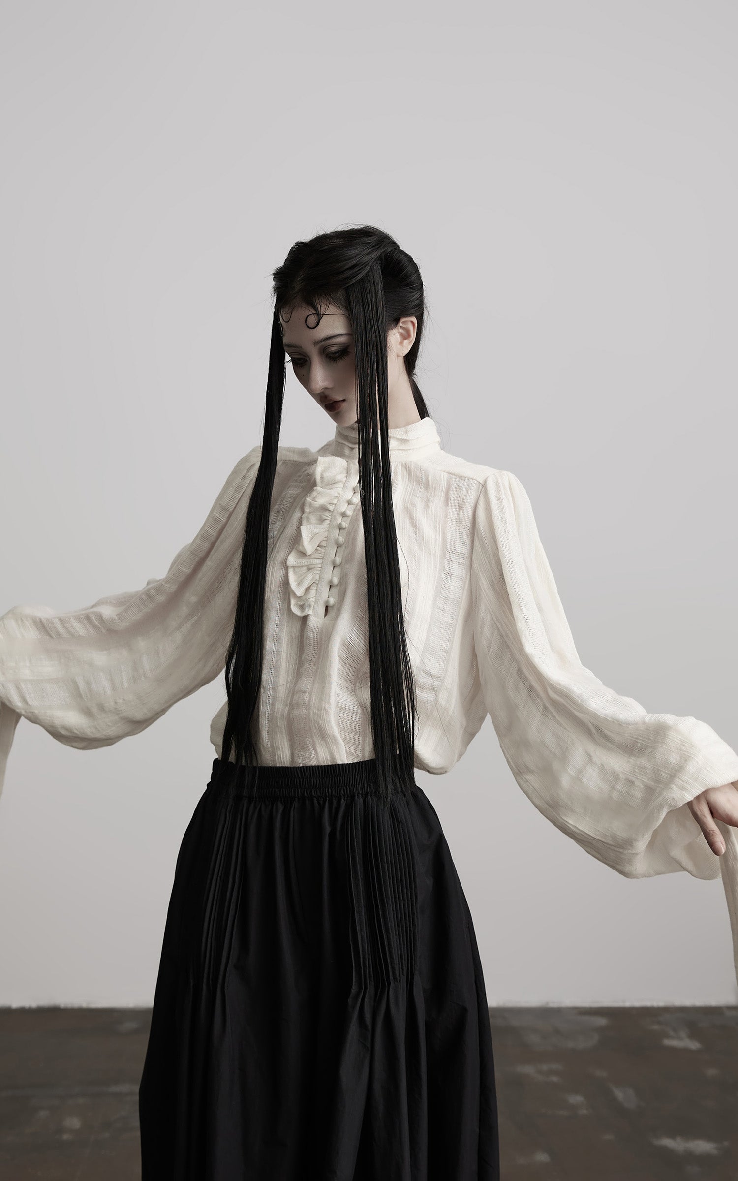 DOINDULGE Textured Button Shirt with Ruffled Front and Long Sashes