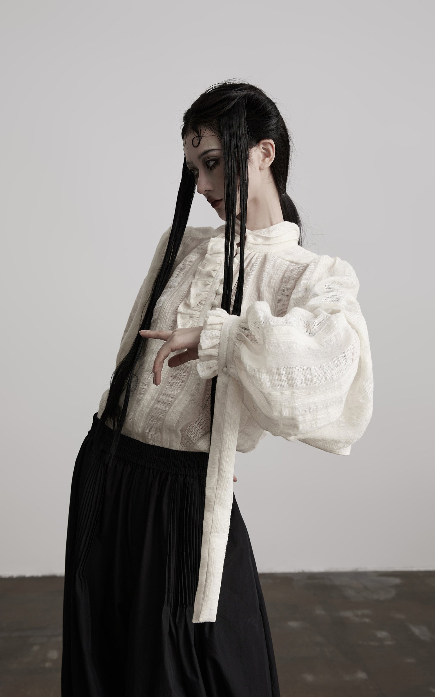 DOINDULGE Textured Button Shirt with Ruffled Front and Long Sashes